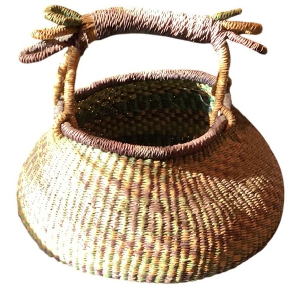 Basket Handwoven African Bolga With Handle Multicolor Woven Straw - Picture 1 of 6
